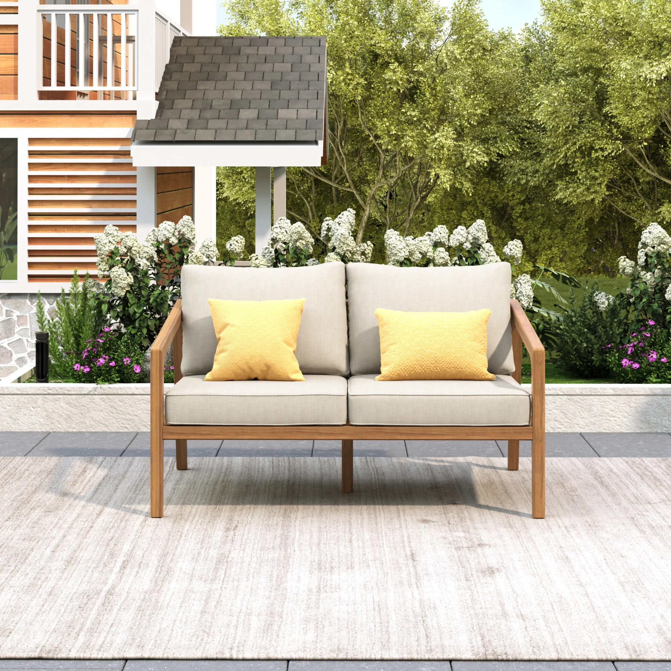 Christopher Knight Home Contemporary Outdoor Loveseat with Cushions, Solid Wood Frame, Teak+ Beig... | Walmart (US)