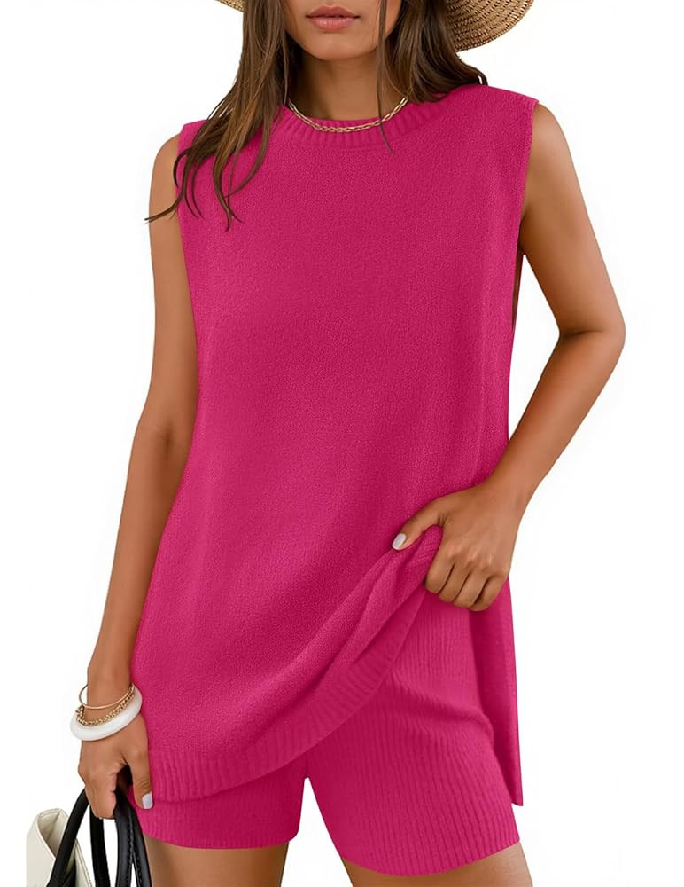 ZESICA Women's Summer 2 Piece Matching Long Sweater Shorts Sets 2025 Travel Resort Wear Sleeveles... | Amazon (US)