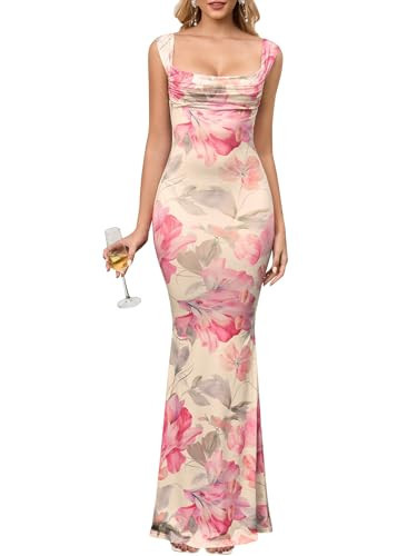 HTZMO Women Floral Wedding Guest Bodycon Maxi Dress Summer Cowl Neck Formal Party Elegant Long Dresses 2026 PinkFloral XS | Amazon (US)