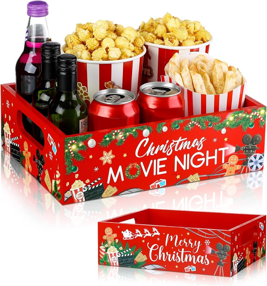 Christmas Movie Night Tray with Handles Reusable Popcorn Bucket Bowl Wooden Movie Night Snack Tra... | Amazon (US)