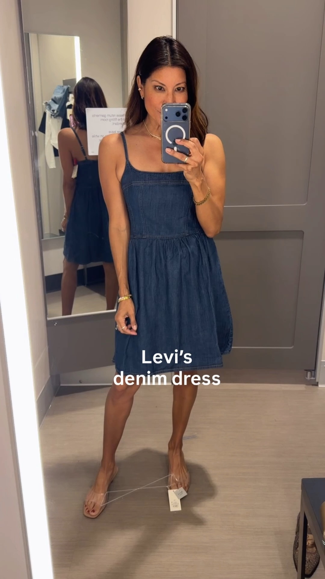 Cute denim dress for spring 
@levi 

Wearing small 
Shoes fit tts

#LTKSeasonal #LTKOver40 #LTKTravel