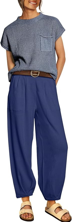 LILLUSORY 2 Piece Outfits For Women Trendy Lounge Sets Cozy Knit Sweater Short Sleeve Fashion Lou... | Amazon (US)