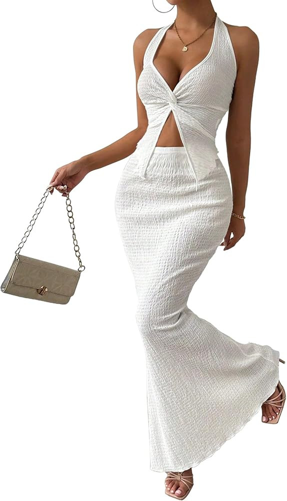 Two Piece Skirt Outfits for Women 2025 Twist Halter Crop Top and Maxi Skirt Sets 2 Piece Summer V... | Amazon (US)