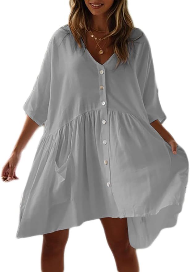 Bsubseach Women Casual Swimsuit Cover Up Blouses Button Down Beach Tunic Dress Bathing Suit Cover... | Amazon (US)