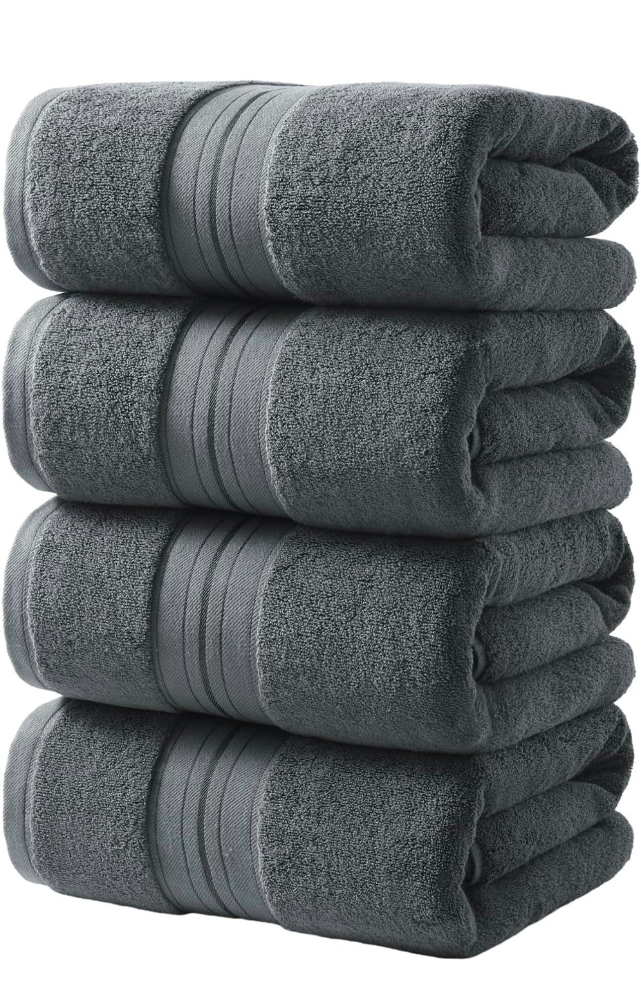 Set of 4 bath towels:
• 100% Cotton
• Extra Large Bath Sheets (27 X 59 in.)
• 600 GSM, Quick Dry