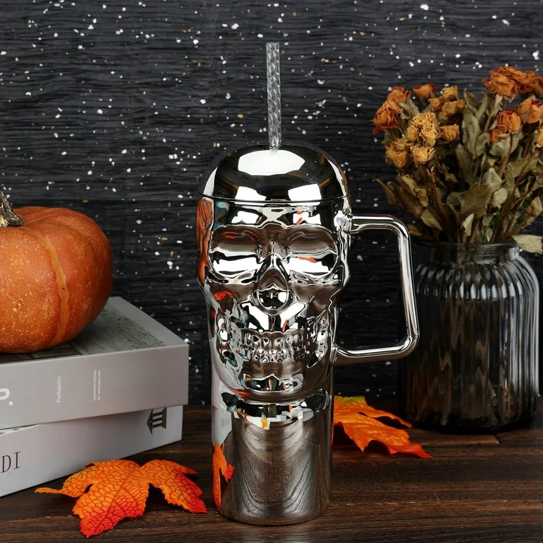 Way to Celebrate Halloween 30 oz Plastic Chrome Skull Tumbler with Straw and Handle, Chrome Silve... | Walmart (US)