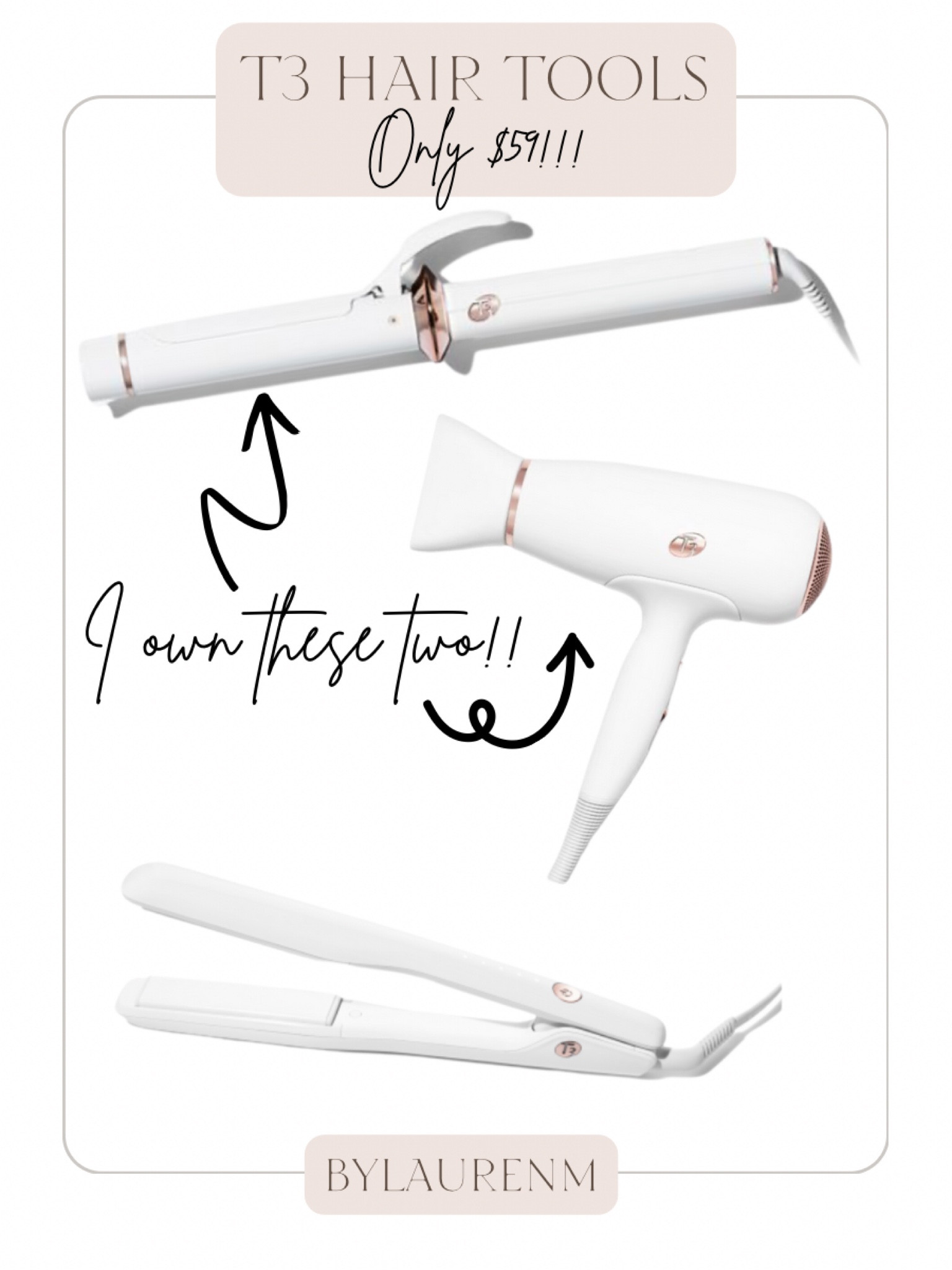 T3 hair tools $59! T3 curling iron originally $160, now $59! T3 flat iron originally $180, now $59! T3 blow dryer originally $250, now $59!!

#LTKsalealert #LTKbeauty #LTKunder100