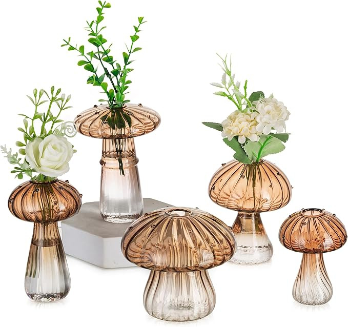 Glasseam Amber Glass Mushroom Vase: Cute Small Flower Vase Set of 5 Unique Mini Bud Vases for Cen... | Amazon (CA)