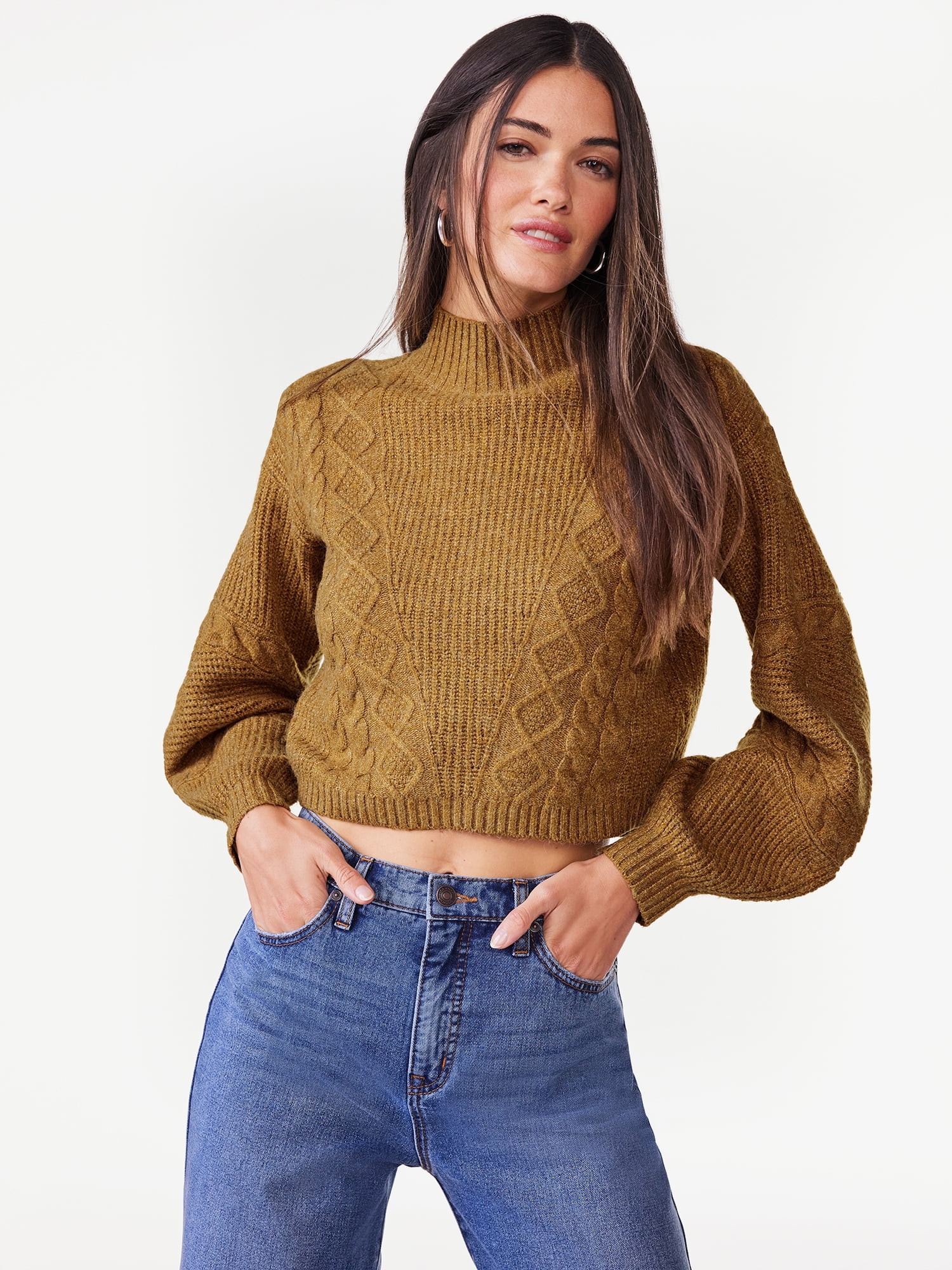 Scoop Women's Crop Cable Pullover Sweater with Long Sculpted Sleeves, Sizes XS-XXL | Walmart (US)