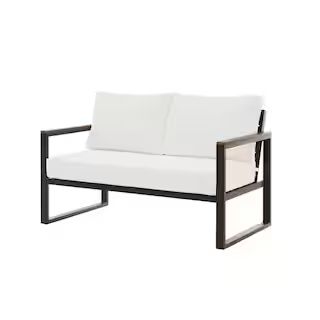 Hampton Bay West Park Black Aluminum Outdoor Patio Loveseat with CushionGuard White Cushions 501.... | The Home Depot