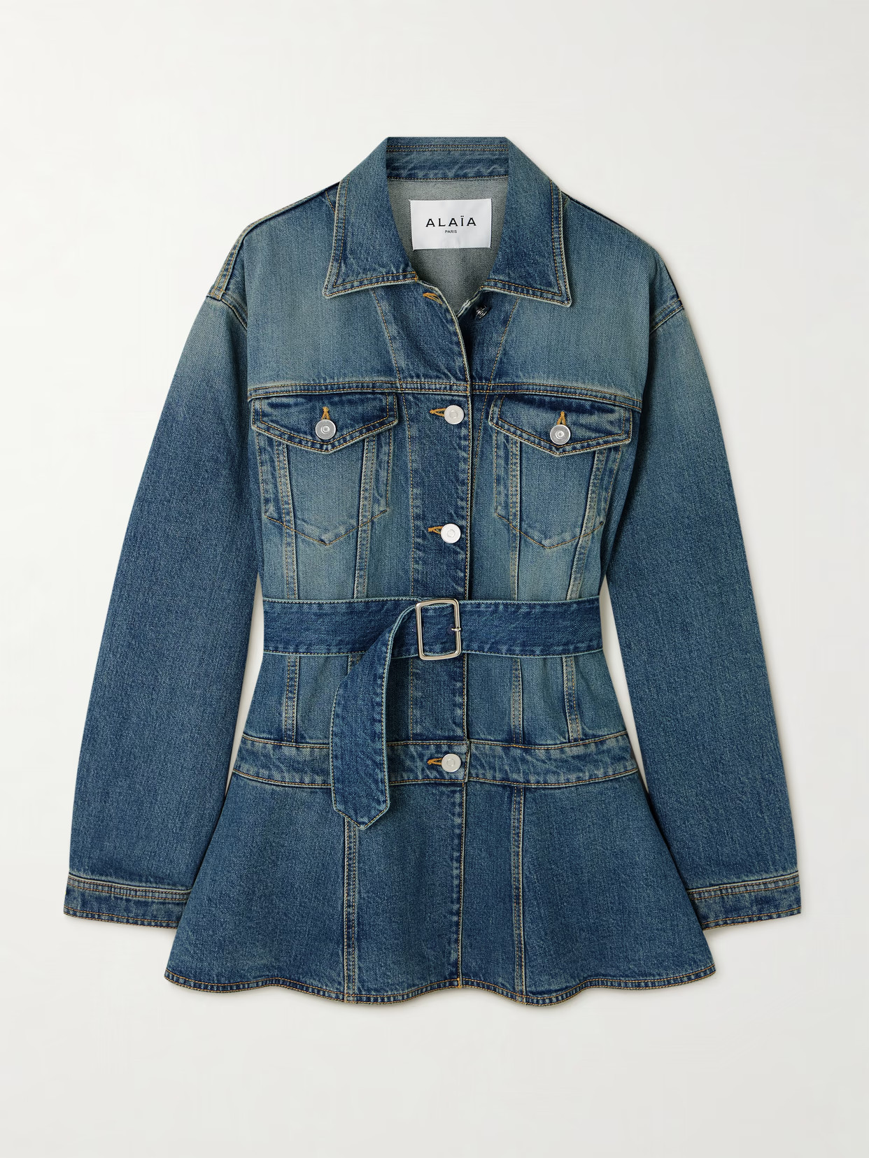 Alaïa - Belted Denim Peplum Jacket - Blue | NET-A-PORTER (US)