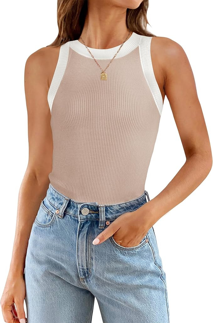 ZESICA Womens Summer Sleeveless Tank Tops Ribbed High Neck Racerback Slim Fitted Color Block Casu... | Amazon (US)