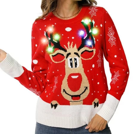 Womens Christmas Sweater LED Light Up Reindeer Ugly Sweater Built-in Light Bulbs Knitted Sweater XL | Walmart (US)