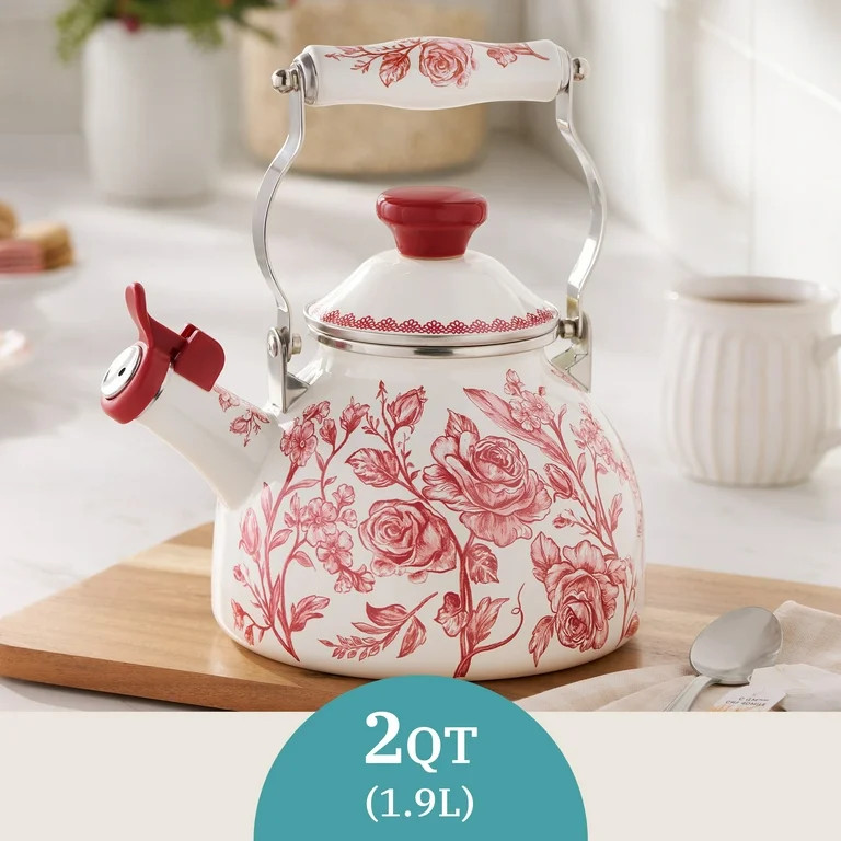 The Pioneer Woman Agatha 2.0-Quart Enamel on Steel Tea Kettle with Lid, Red | Walmart (US)
