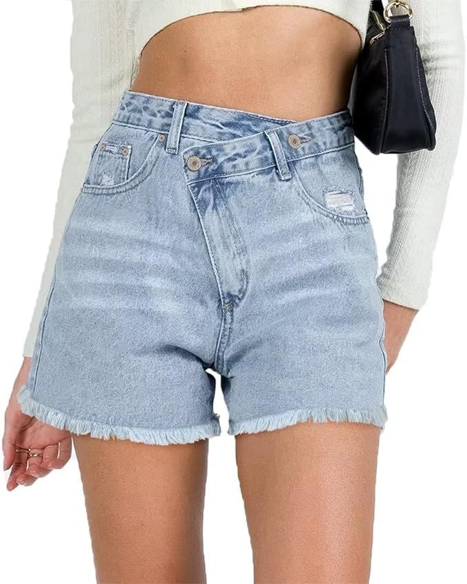 Crossover Juniors Jean Shorts Stretchy Mid Waisted Denim Shorts Casual Summer Hot Shorts | Amazon (US)