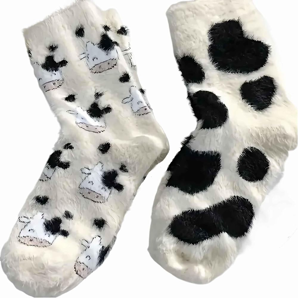Lefe Liee fuzzy cow print socks for women, cute winter fluffy slipper slouchy socks, warm thick c... | Amazon (US)