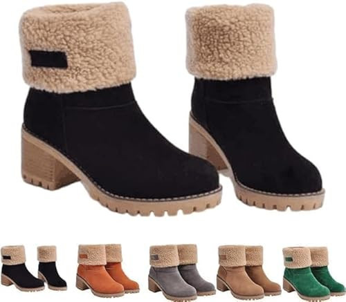 Women's Fashion Winter Boots with Fur Lining,Chunky Heel Waterproof Snow Booties for Cold Weather,Slip Resistant Outdoor Ankle Boots for Women,Cozy Casual Winter Shoes with Warm Fleece Interior | Amazon (US)