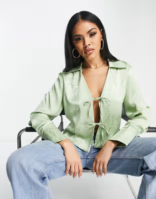 Flounce London satin tie front shirt in sage croc jacquard | ASOS (Global)