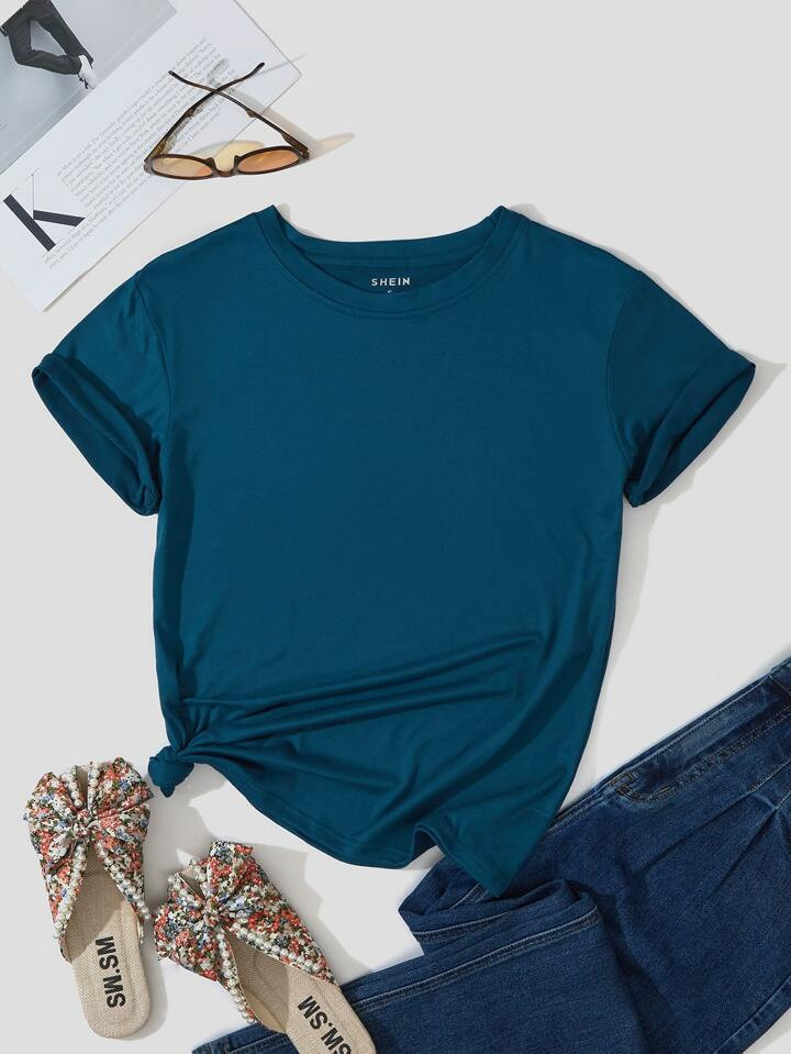 SHEIN Essnce Camiseta unicolor de cuello redondo | SHEIN