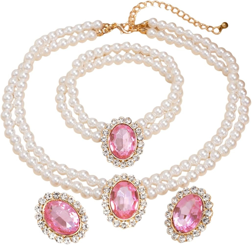 3Pcs Dainty Elegant Imitation Pearl Beaded Choker Necklace Bracelets Earrings Set Handmade Adjust... | Amazon (US)