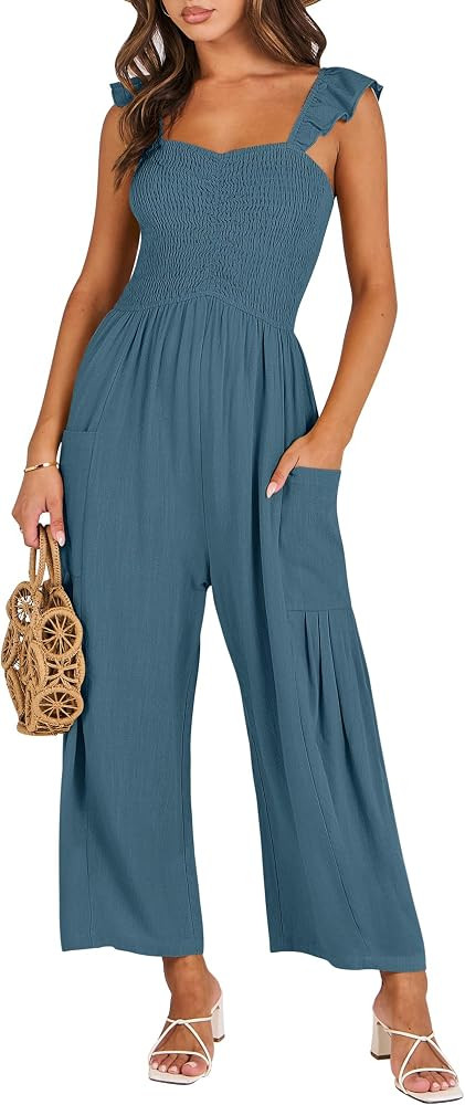 ANRABESS Women Summer Casual Dressy Sleeveless Smocked Wide Leg Linen Jumpsuits Rompers 2024 Tren... | Amazon (US)