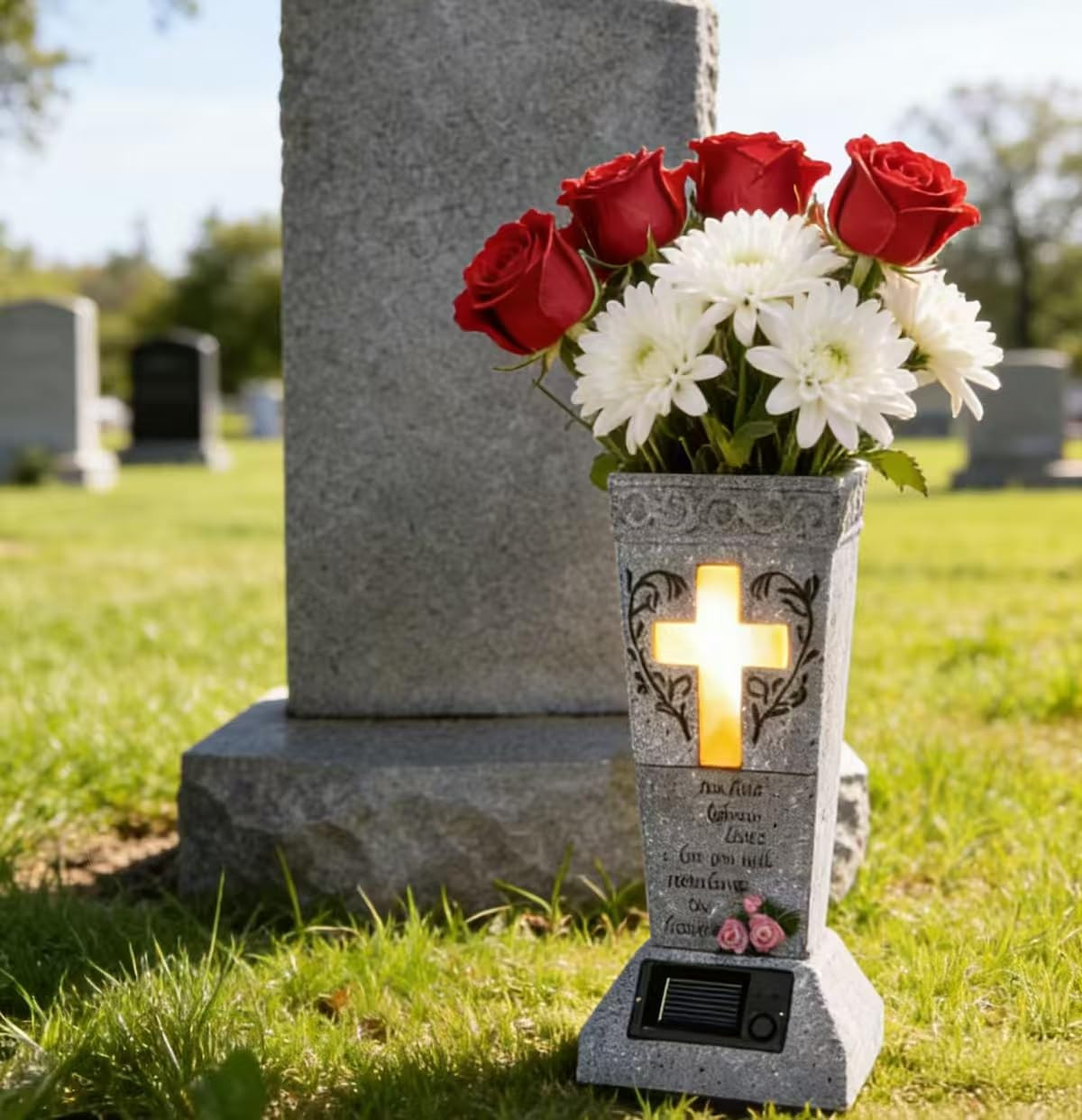 Solar Cemetery Vase for Grave Decor - Waterproof Memorial Flower Holder with LED Cross Light - Sympathy Gifts for Loss of Loved One, Cemetery Decorations for Fresh or Artificial Flowers | Amazon (US)