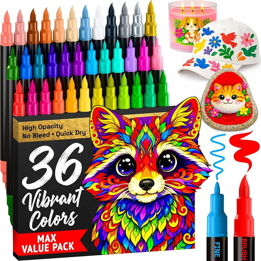ARTISTRO 36 Acrylic Paint Markers - Paint Pens for Drawing, Brush + Fine Tips - For Fabric, Rock,... | Amazon (US)