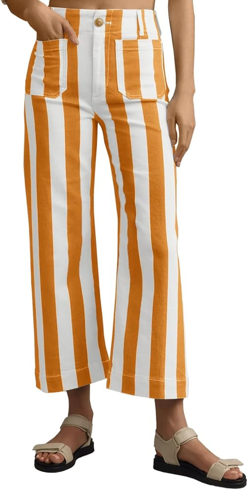 Tankaneo Womens Cropped Striped Jeans Casual High Waisted Stretchy Straight Leg Denim Pants with ... | Amazon (US)