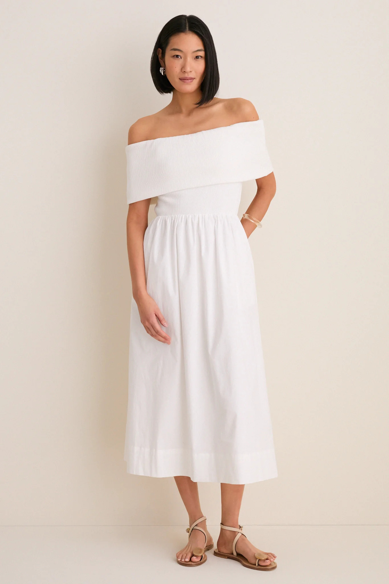 White Marjorie Mixed Media Off The Shoulder Midi Dress | Tuckernuck (US)
