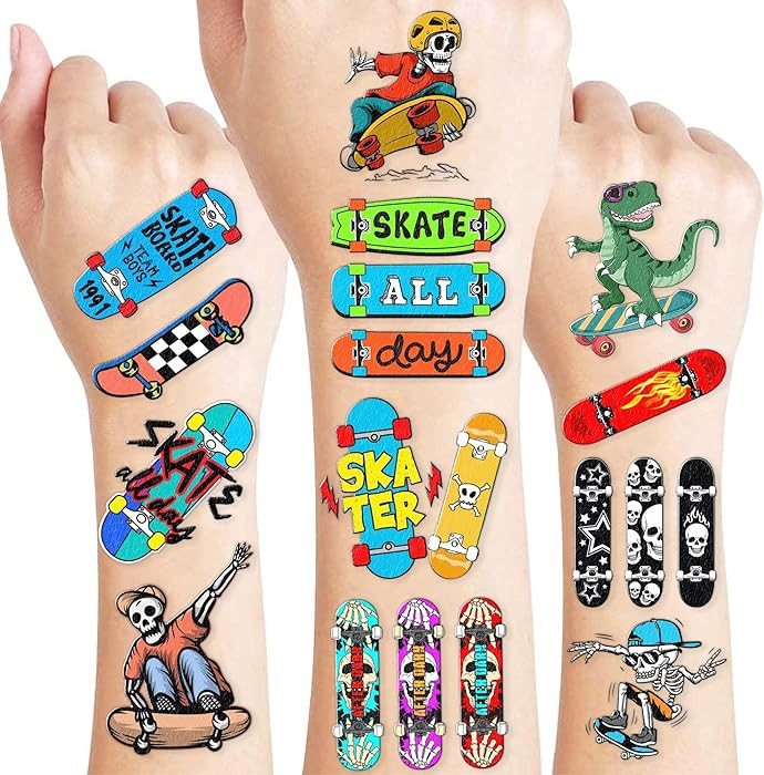 96PCS Skateboard Temporary Tattoos Pre-Cut – Cool Skate Theme Birthday Party Decorations, Fun S... | Amazon (US)