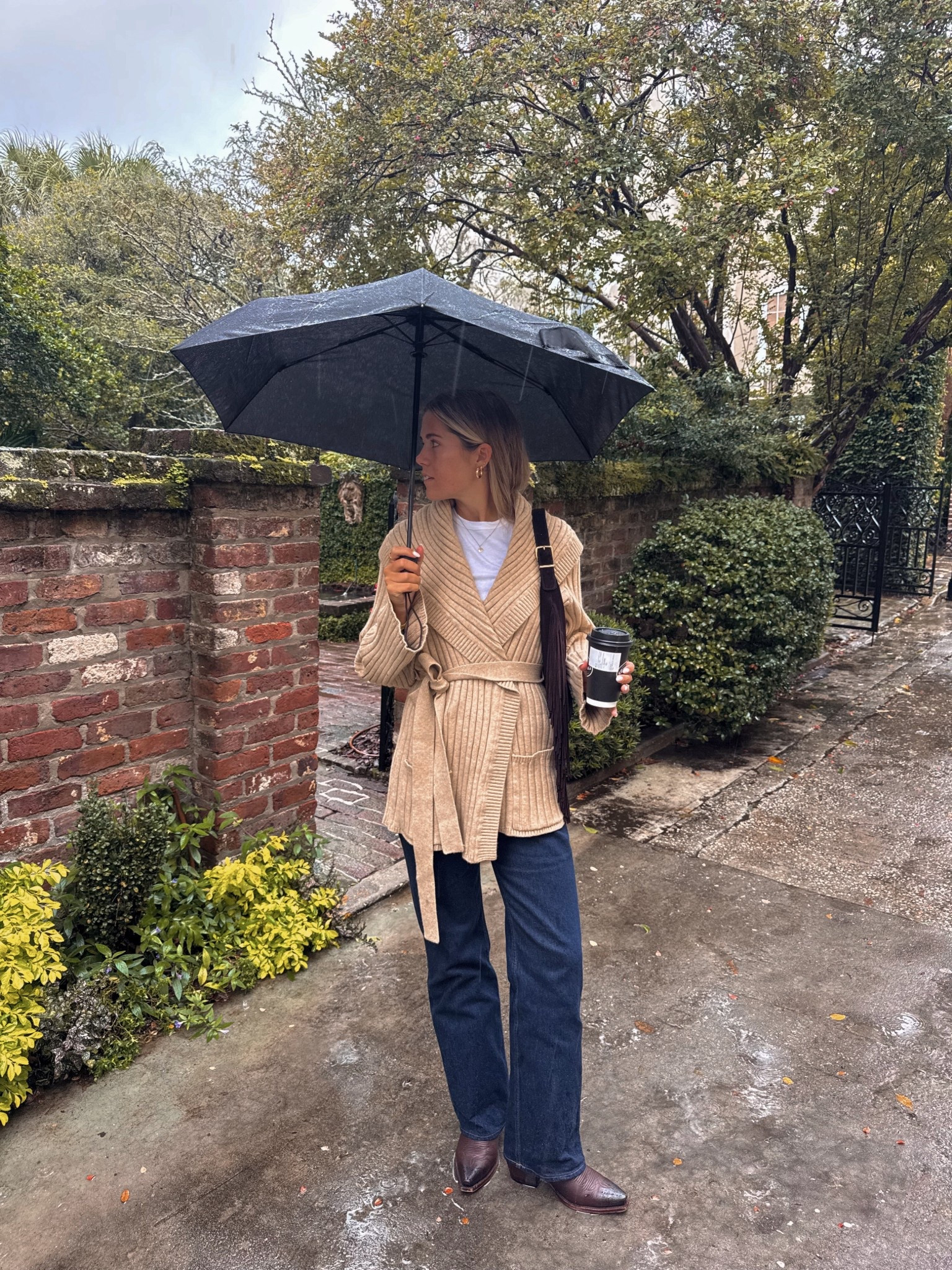 rainy charleston ootd 
size s/m in wrap cardigan, size 26 long in jeans, size down in boots half size 

#LTKTall #LTKPlusSize #LTKFindsUnder50