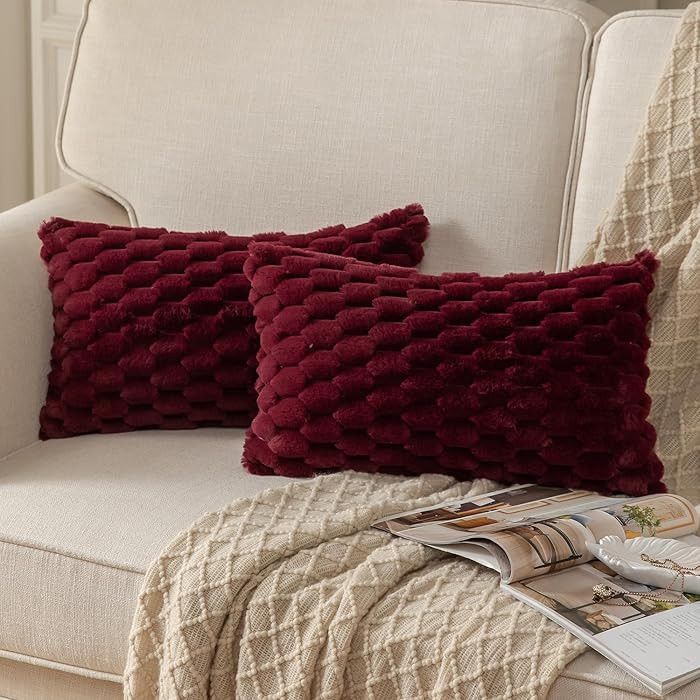 MANDIOO Pack of 2 Burgundy Super Soft Plush Fluffy Decorative Throw Pillow Covers 12x20 inch Faux... | Amazon (US)