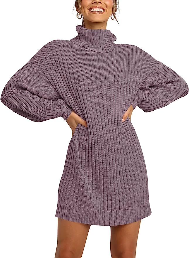 LOGENE Women's Sweater Dress Turtleneck Long Balloon Sleeve Ribbed Knit Oversized Pullover Dresse... | Amazon (US)