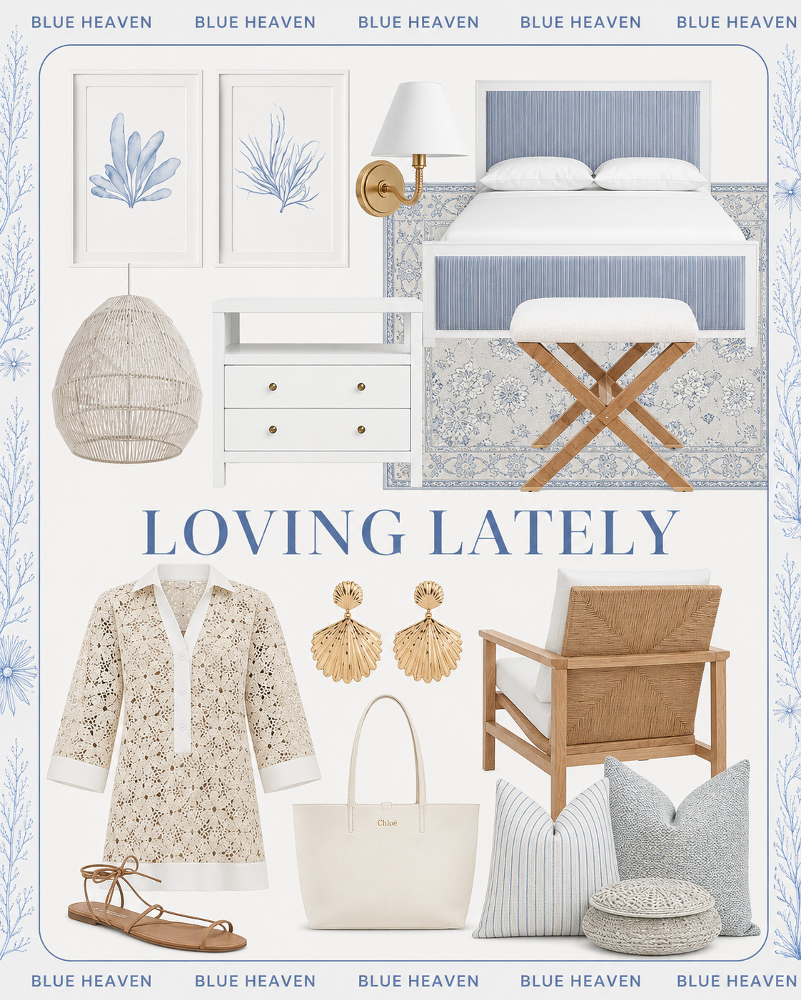 Loving Lately! 😍 Many items on sale! ——- Coastal home decor, coastal dress, coastal bed, coastal wall art, coastal chair, coastal wall decor, coastal tote bag, coastal pendant light, coastal stool, coastal sconce, coastal pillows, tuckernuck crochet dress, stripe pillow, woven pillow, upholstered armchair, muted blue corals, seaweed painting, Wool and cotton rug, oriental tug, wayfair rug, tkees lace up sandals, wayfair bed, upholstered standard bed, 2 drawer nightstand, dimmable bath sconce, pendant, sea urchin ceramic jewelry box, shell drop earrings, gold earrings, rattan x-base stool, tote bag #LTKSaleAlert

#LTKHome 

 #LTKuk #LTKsummer #LTKfamily