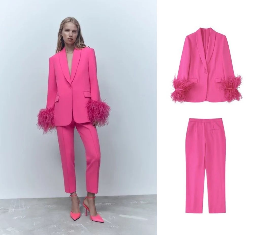 Pink pantsuit feather sleeves high waist, designer woman suit jacket + pants smart casual formal ... | Etsy (US)