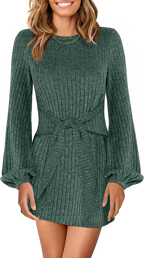 ANRABESS Womens 2025 Fall Dress Long Lantern Sleeve Ribbed Knit Casual Tie Waist Lightweight Mini... | Amazon (US)
