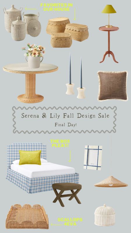 Final day for Serena & Lily’s Fall Design Sale…up to 40% off everything including sale! The baskets and scallop tray are favorites in our house. 

Home decor, wicker, rattan decor, round dining table, accent table, fringe pillow, linen, Fall decor, marble, tape candlesticks, box pleat bed, pendant, brown decor 

#LTKSeasonal #LTKsalealert #LTKhome