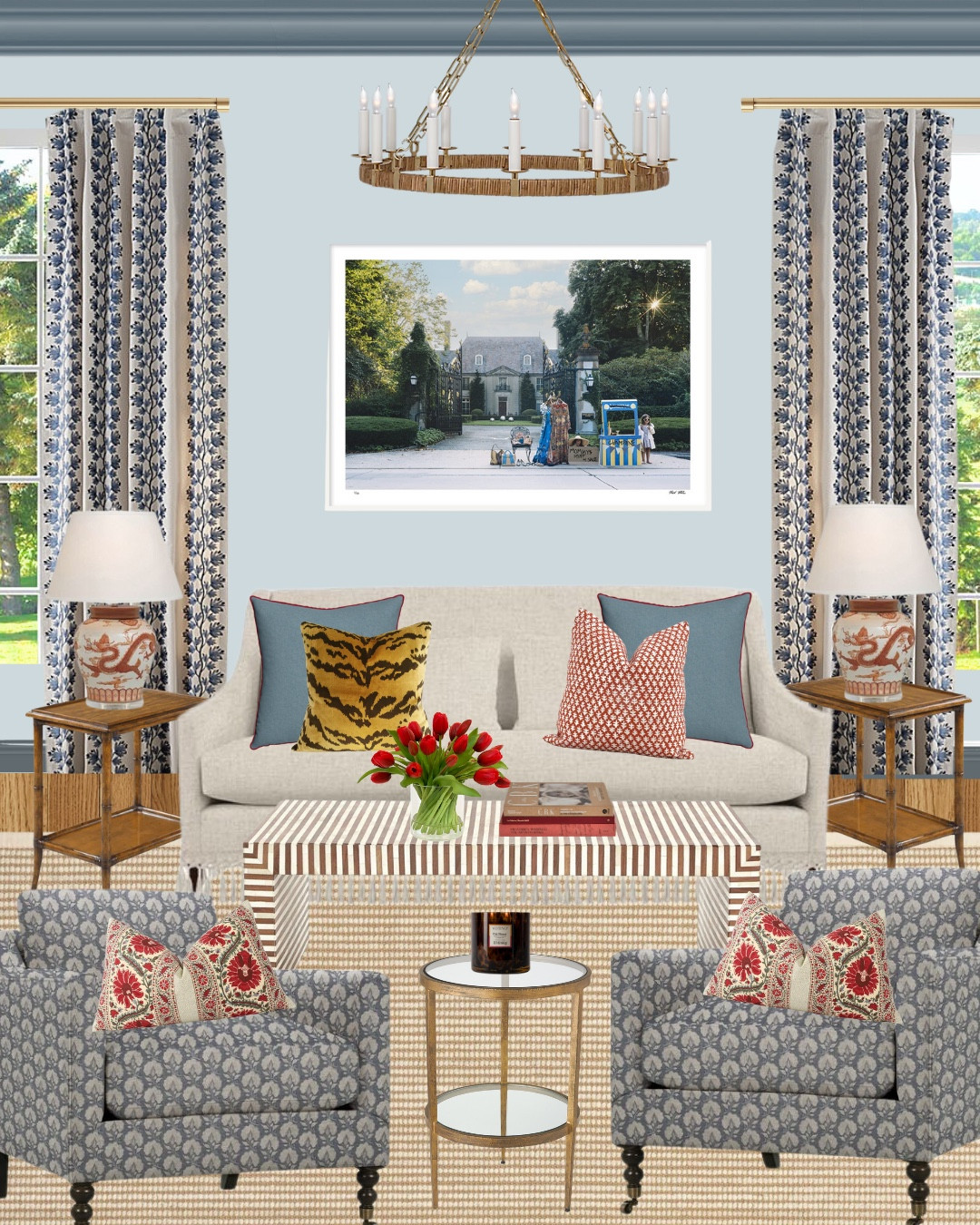 Living room inspo, blue living room, colorful home, jute rug, jute and brass chandelier, custom pillows, designer pillows, tiger pillow, red block print pillow, blue linen pillow, red lumbar pillow, neutral sofa, ivory sofa, chinoiserie chic, red and white lamps, rattan end table, blue late accent chairs, parsons coffee table, faux tulips, tortoise shell candle, blue botanical curtains, photography artwork, gold curtain rod, brass side table, gold accent table, coffee table books

#LTKHome #LTKOver40 #LTKSaleAlert