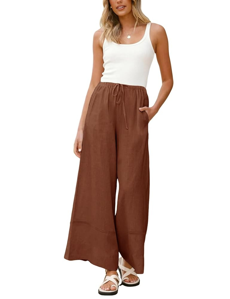 Athlisan Women's Summer Cotton Linen Palazzo Pants Baggy Wide Leg Lounge Trousers with Pockets | Amazon (US)