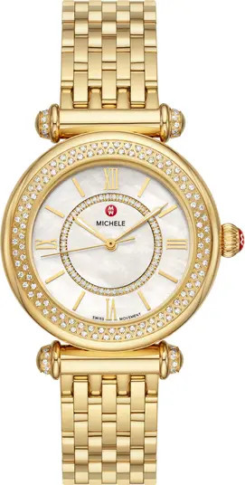 18K Gold Plated Caber Three-Hand Diamond Bracelet Watch, 35mm - 0.35 ctw | Nordstrom Rack