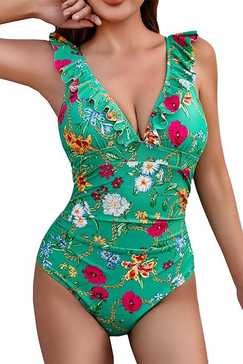 COCOPEAR Sexy One Piece Swimsuit Women Tummy Control V Neck Ruffle Swimsuits for Women High Waist... | Amazon (US)