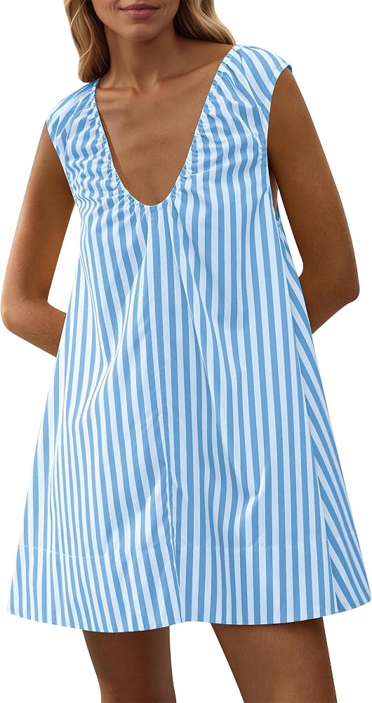 Livtany Women's Scoop Neck Babydoll Cute Mini Dress Flowy Sleeveless Short Dress Ruched Loose Fit... | Amazon (US)