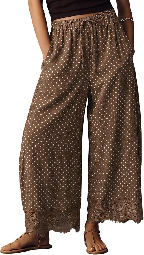 Lviefent Womens Cropped Lace Hem Pants Polka Dot Summer Wide Leg Beach Travel Lounge Pants Trouse... | Amazon (US)