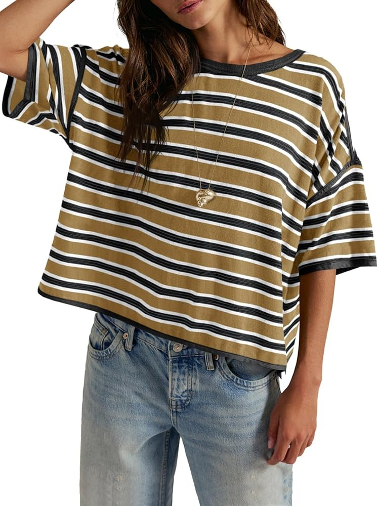 Tankaneo Womens Oversized Striped T-Shirts Summer Casual Color Block Short Sleeve Tops Drop Shoul... | Amazon (US)