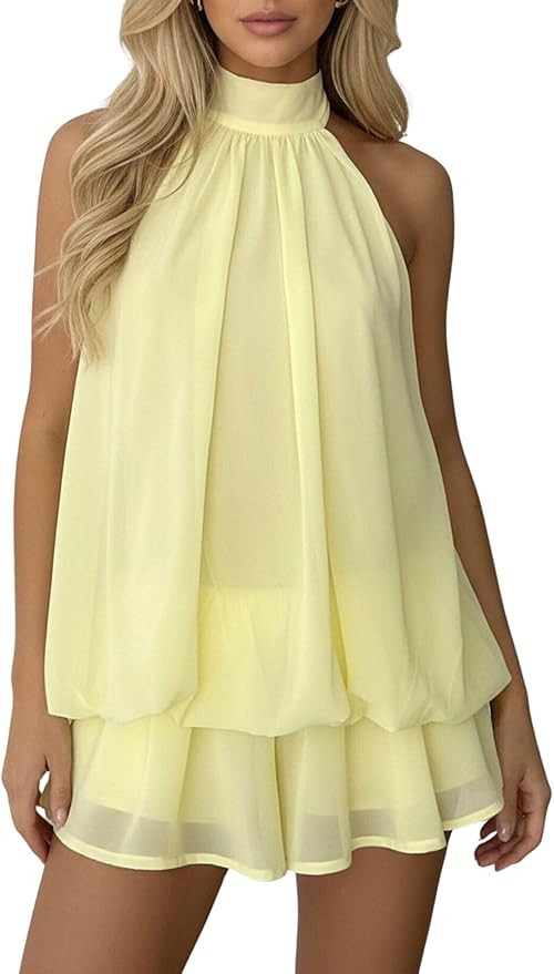 Amazon.com: Verdusa Women's Chiffon Halter Drop Waist Wedding Guest Dresses Ruffle Summer Loose F... | Amazon (US)