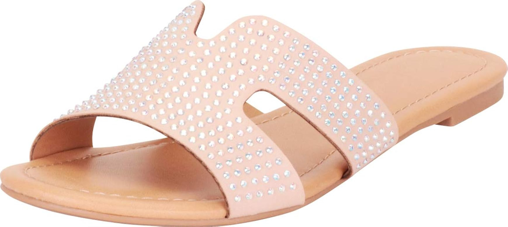 Women's Open Toe Side Cutout Crystal Rhinestone Slip-On Flat Slide Sandal | Amazon (US)