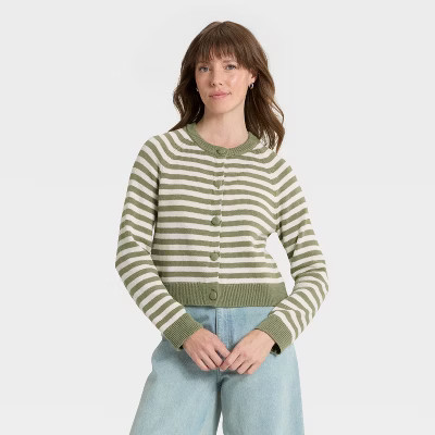Women's Button-Down Cardigan - Universal Thread™ Green Striped S | Target