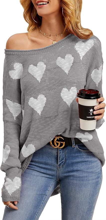 Tutorutor Womens Cute Love Heart Print Sweaters Oversized Off The Shoulder Loose Knitted Valentin... | Amazon (US)