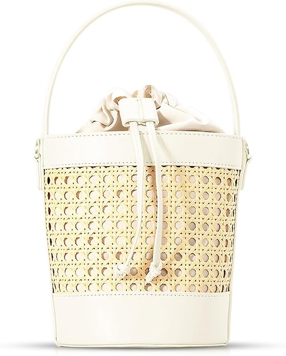 Beach Bag, Buckets Straw Bag, Bamboo Openwork Stitched Leather, With Adjustable Shoulder Strap, C... | Amazon (US)