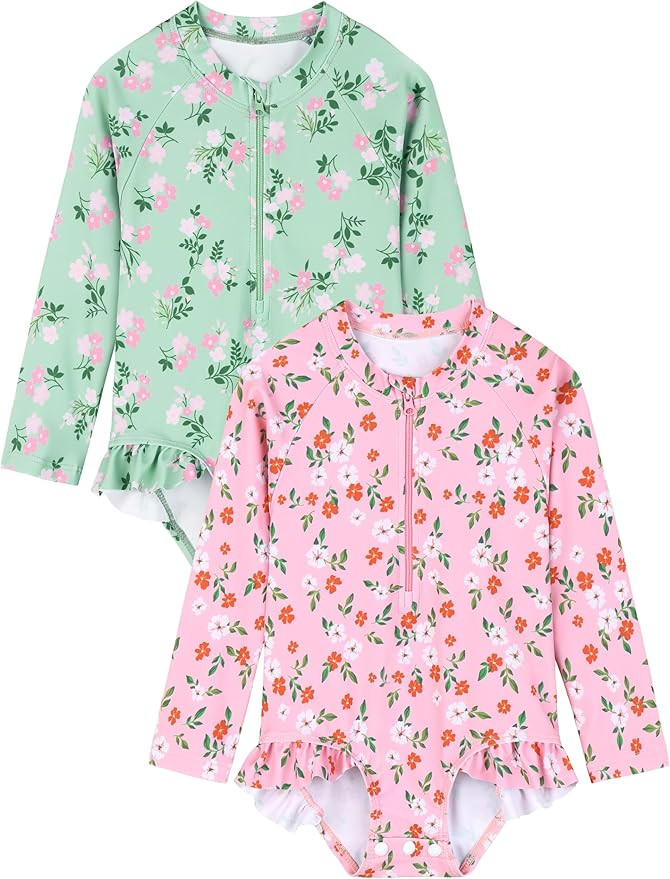 2 Pack Baby Toddler Girl Long Sleeve Ruffle Swimsuit Floral One-Piece Zipper Rash Guard UPF 50+Su... | Amazon (US)